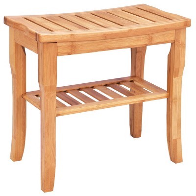Image of Costway Bamboo Shower Seat Bench Bathroom Spa Bath Organizer Stool with Storage Shelf