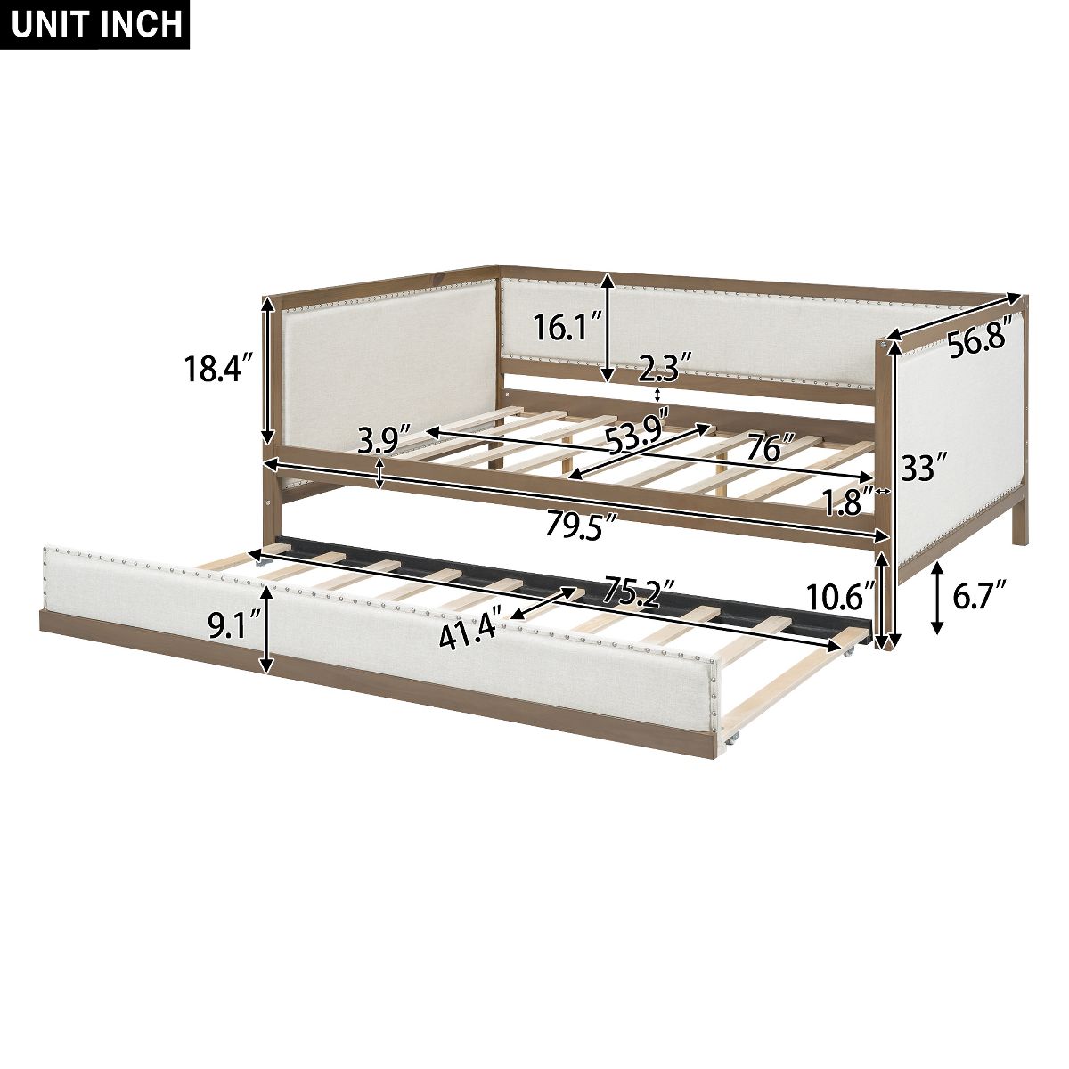 Daybed and trundle dimensions diagram in inches