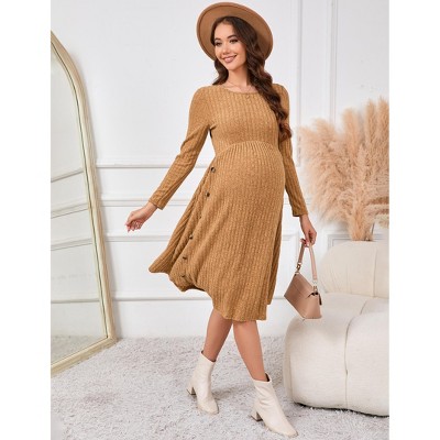 Maternity Sweater Dress Lantern Sleeve Crew Neck A-Line Swing Knit Dress Casual Loose Winter Pullover Sweater Midi Dresses Green M