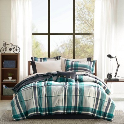 PDTEND 7 PCS Modern Plaid Comforter Set with Bed Sheets Teal/Black