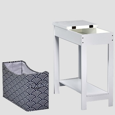 White MDF Side Table with Dark Blue Fabric Storage Bin
