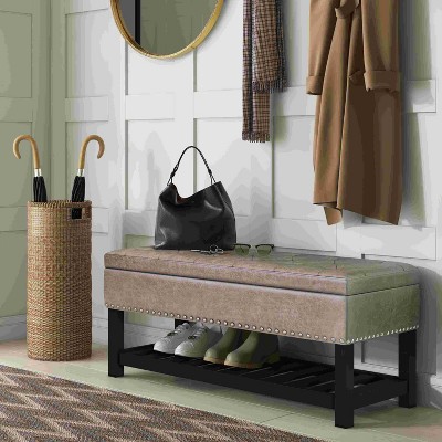 CAVINAS Faux Leather Storage Ottoman Bench,Upholstered Ottoman with Open Slat Bottom Shelf for Living Room,Bedroom