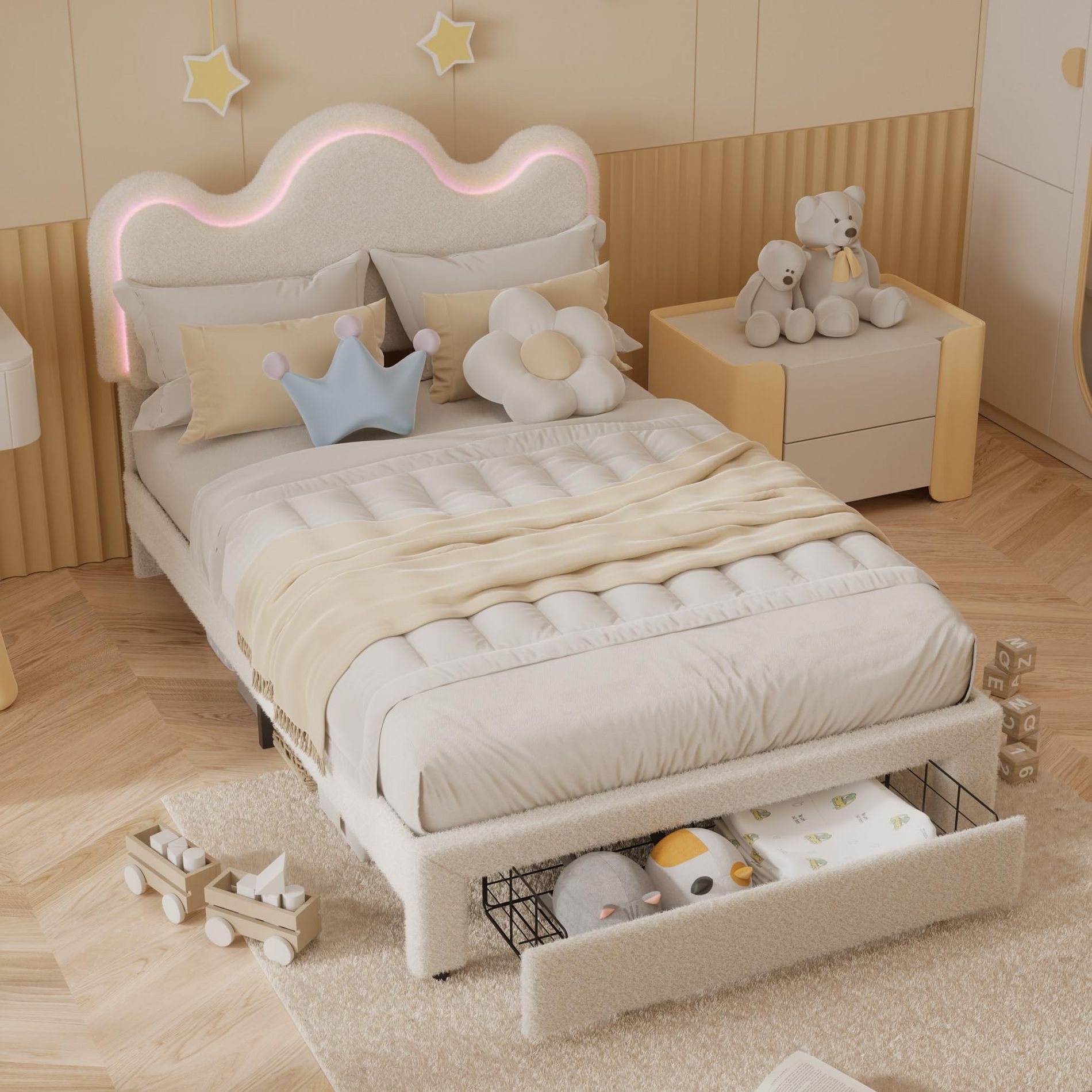 Twin Bed Frame with Adjustable Upholstered Headboard Girls Boucle Platform Bed Frame with Storage Drawers Princess Bed Frame for Kids