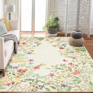 Washable Botanical Area Rugs Runner Rugs for Living Room, Non-Slip Soft Vintage Low Pile Floral Rug Carpet for Bedroom Dining Room Bedside Mud Room - 1 of 4