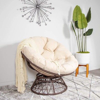 Tan Wicker Papasan Chair with Cushions and 360-Degree Swivel