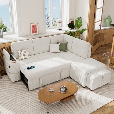 Whisen 94" Sectional Sofa Pull-out Sofa Bed L-shaped Sofa with Ottoman, Large Storage Space, Cup Holder and USB Ports