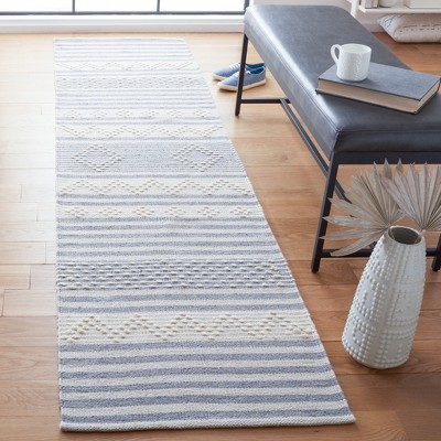 Ivory and Silver Striped Flat Woven Wool Cotton Area Rug