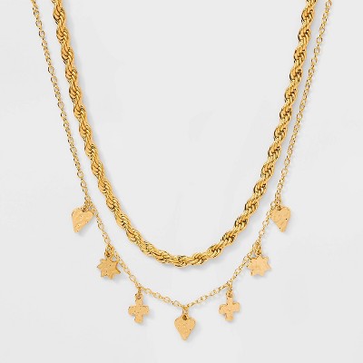 Twisted Chain and Charm Multi-Strand Necklace - Wild Fable™ Gold: Iron, Zinc Alloy, Cubic Zirconia, Lobster Claw Clasp