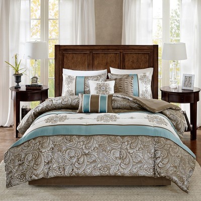 7 Pcs Elegant Faux Silk Traditional Jacquard Comforter Set,All Season Cozy Textile Bedding Set Lux Bedroom Decor,Matching Bed Skirt,Decorative Pillows