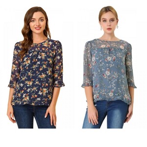Allegra K Women's Round Neck Ruffle 3/4 Sleeve Floral Print Chiffon Blouse 2 Pcs - 1 of 4