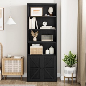 Garvee Farmhouse Bookcase with Doors 11.8in Deep Display Storage 23.6W x 71.4H Inches L-Shape Engineered Wood, Black - 1 of 4