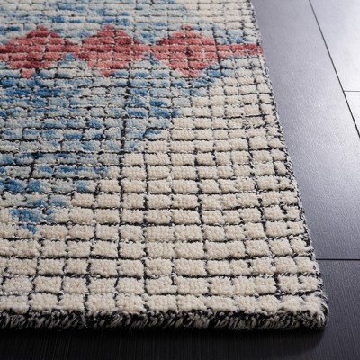 Ivory and Blue Abstract Hand-Tufted Wool Runner Rug