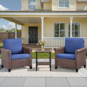 Buenhomino 3-Piece Outdoor Wicker Patio Set, 2 Lounge Chairs & Side Table with Driftwood Rattan & Weather-Resistant Cushions - 1 of 4
