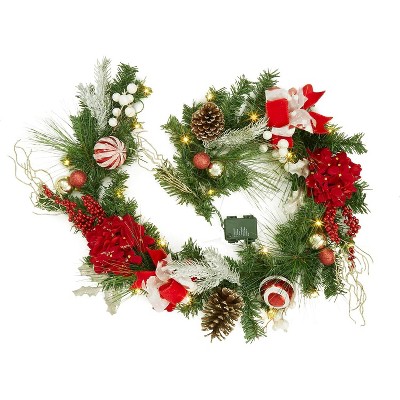 6ft Pre-Lit Christmas Garland with 20 Warm White LEDs, Flower & Bow Decor for Indoor/Outdoor Front Door and Mantle