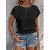 Women's Blouse Eyelet Embroidered Smocked Waist Short Sleeve Blouse Casual Crew Neck Summer Top - 3 of 4
