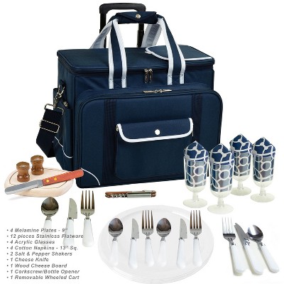 Blue Insulated Picnic Cooler Bag with Wheels and Service for Four