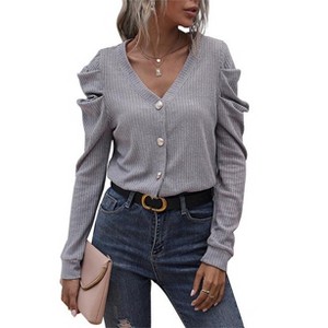 Women's Cardigan Ribbed Knit Coat Puff Sleeves Button Front Top - 1 of 4