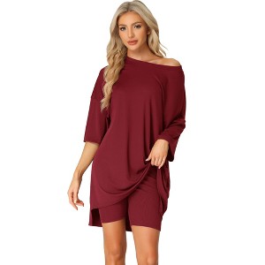 cheibear Women's Knit Loose Fit T-Shirt with Biker Shorts Lounge Sleepwear Pajama Sets - 1 of 4
