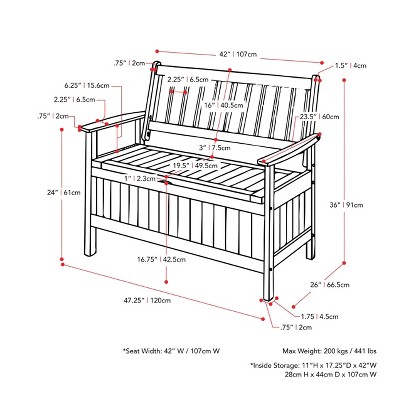 Whitewashed Shorea Wood Outdoor Storage Bench with Slatted Back