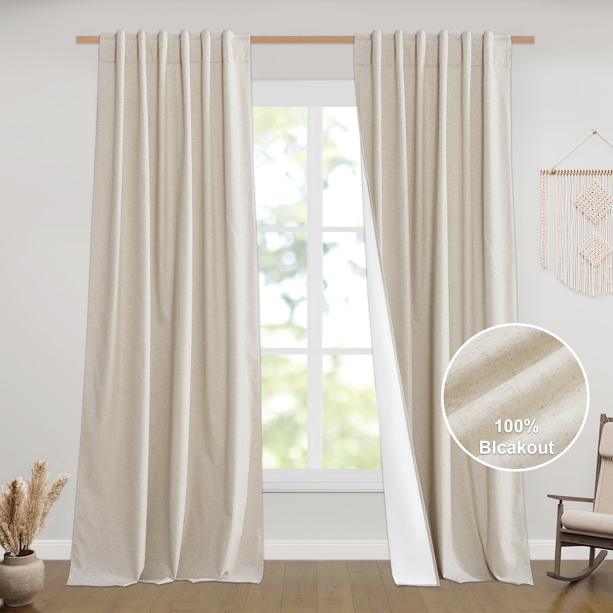 NICETOWN 100% Blackout Linen Curtains Thermal Insulated Burlap Window Drapes 2 Panels, 52W x 84L, Light Beige
