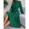Women Pleated Dress Long Sleeve Stand Up Collar A-Line Flowing Dress With Belt - 4 of 4