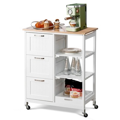 Tangkula Rolling Kitchen Island Utility Storage Cart w/ 3 Storage Drawers & Shelves