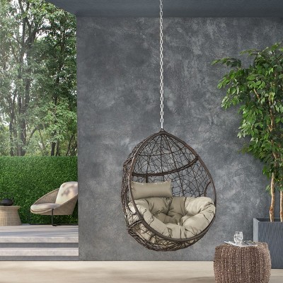 Patio Swing Egg Chair,PE Rattan Hanging Basket Chair With Cushion,Teardrop Shape Hammock Chair With 8FT Chain -Maison Boucle