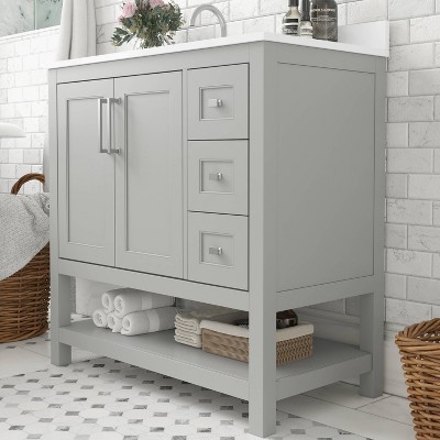 Gray Composite Freestanding Bathroom Vanity with White Stone Top