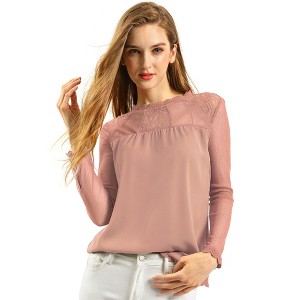 INSPIRE CHIC Women's Elegant Lace Sleeve Scalloped Trim Summer Casual Chiffon Blouse - 1 of 4