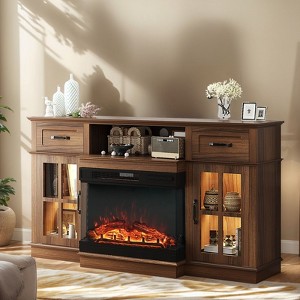 Farmhouse Black 58'' TV Stand For Tvs Up To 70'' With Electric Fireplace and Adjustable Shelves With Glass Door - 1 of 4