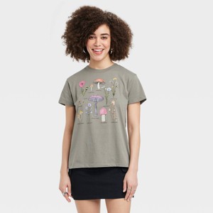 Women's Floral Mushroom Short Sleeve Graphic T-Shirt - Olive Green - 1 of 3