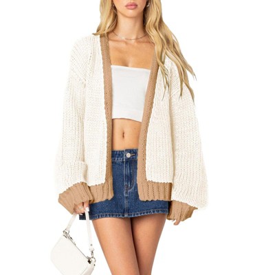 Womens Sweater Cardigan Rib Knit Chunky Sweater Cardigan Open Front Color Block Sweater Jackets with Lantern Sleeve Thick Sweater Coats,Beige - 2XL