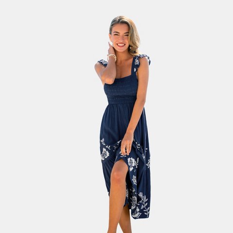 Женские платья Cupshe Women's Floral Embroidered Smocked Maxi Dress for Wedding-L-Blue