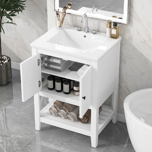 TOBILI 24" White Modern Sleek Bathroom Vanity Elegant Ceramic Sink with Solid Wood Frame Open Style Shelf - 1 of 4