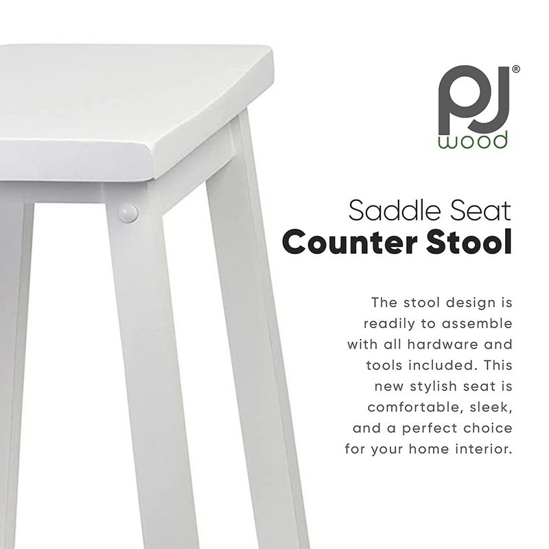 PJ Wood Classic Modern Solid Wood 24 Inch Tall Backless Saddle-Seat Easy Assemble Counter Stool for All Occasions, White (Set of 2), 2 of 7