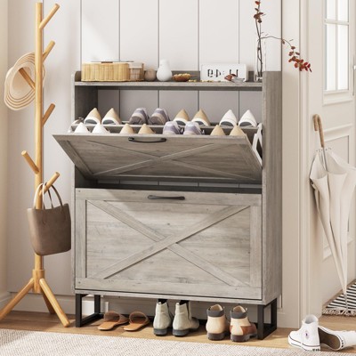 Narrow Shoe Rack Cabinet with Flip Drawers, Hidden Golden Handles