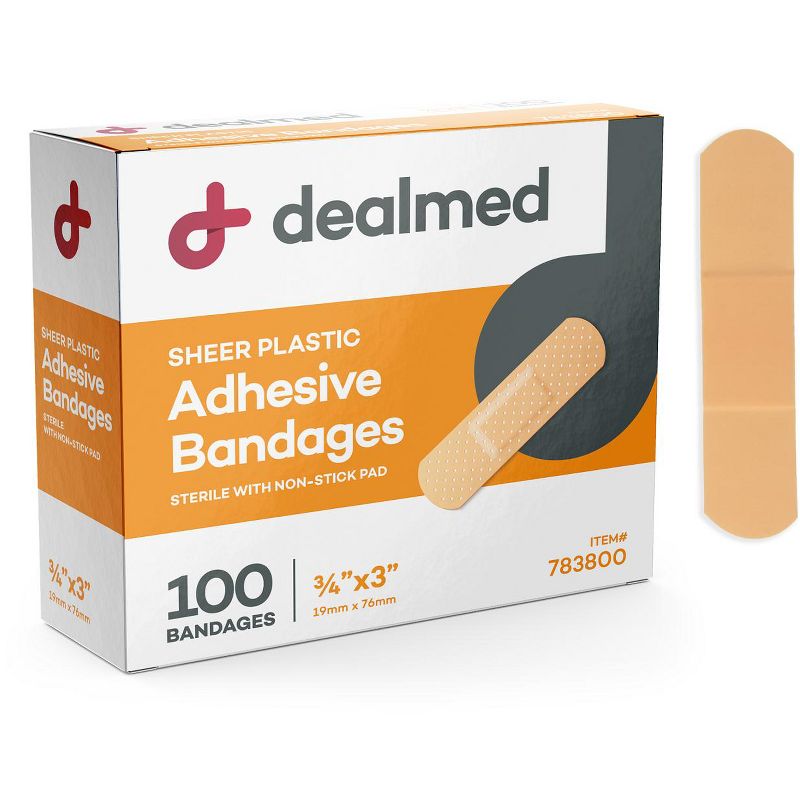 Dealmed 3/4" x 3" Sheer Adhesive Bandages with Non-Stick Pad, Latex Free Wound Care, 1 of 5