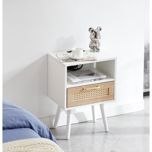 KTMBDW 15.75" Rattan Nightstand, Boho Side Table with Power Outlet & USB Ports, Cane Accent Bedside End Table with Drawer Open Shelf for Bedroom - 1 of 4