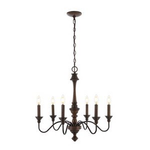 25" 6-Light Oakley Midcentury Farmhouse Iron LED Chandelier Wood Finished/Oil Rubbed Bronze - JONATHAN Y: UL Listed, Adjustable Height - 1 of 4