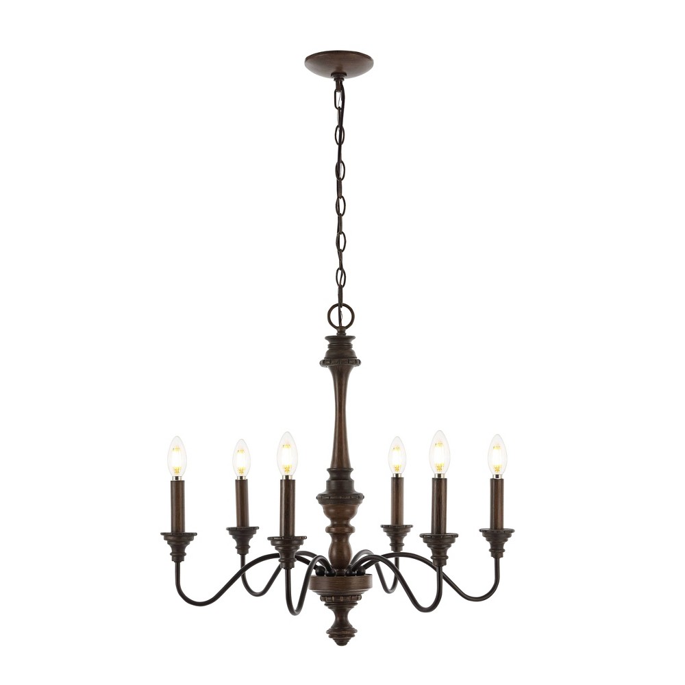 Photos - Chandelier / Lamp 25" 6-Light Oakley Midcentury Farmhouse Iron LED Chandelier Wood Finished/