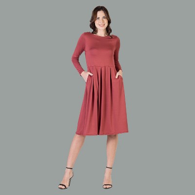 24seven Comfort Apparel Womens Long Sleeve Midi Length Fit N Flare Pocket Dress