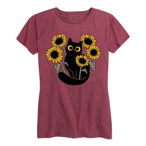 Women's - Instant Message - Black Cat in Sunflowers Short Sleeve Graphic T-Shirt - 1 of 4