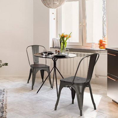 Gunmetal Stackable Metal Dining Chairs with Wood Seat, Set of 4