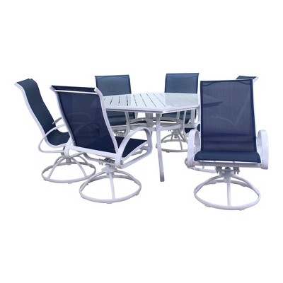 Courtyard Casual Santa Fe 7 pc 60" Hexagon Dining Set with Sling Swivel Rockers  Includes one Hexagon table and 6 Sling Swivel Rockers