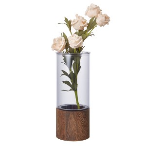 VECELO Flower Vase with Wooden Base, Rustic Cylinder Glass Vase for  Flowers, Tabletop Centerpiece for Living Room or Bedroom - 1 of 4