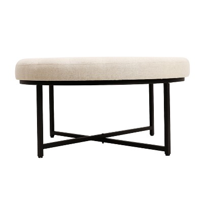 34-Inch Round Tufted Off-White Cotton Linen Ottoman with Black Metal Frame