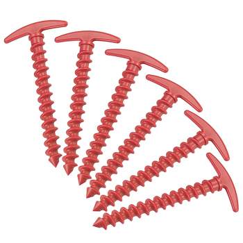 Unique Bargains Tent Stakes T Shape Screw Spiral Plastic Ground Pegs for Outdoor Camping Canopy Tarp 6 Pcs Red