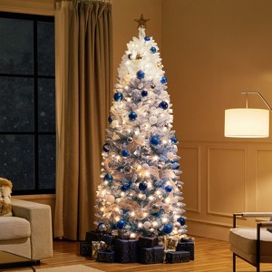 Yaheetech 6Ft/7.5Ft/9Ft Prelit Flocked Pencil Artificial Christmas Tree with Warm White Lights & Snow Branch Tips, Hinged Spruce, Green - 1 of 4