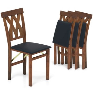 Costway Folding Kitchen Chairs Set of 2/4 with Rubber Wood Frame Padded Seat with PVC Leather White/Brown - 1 of 4