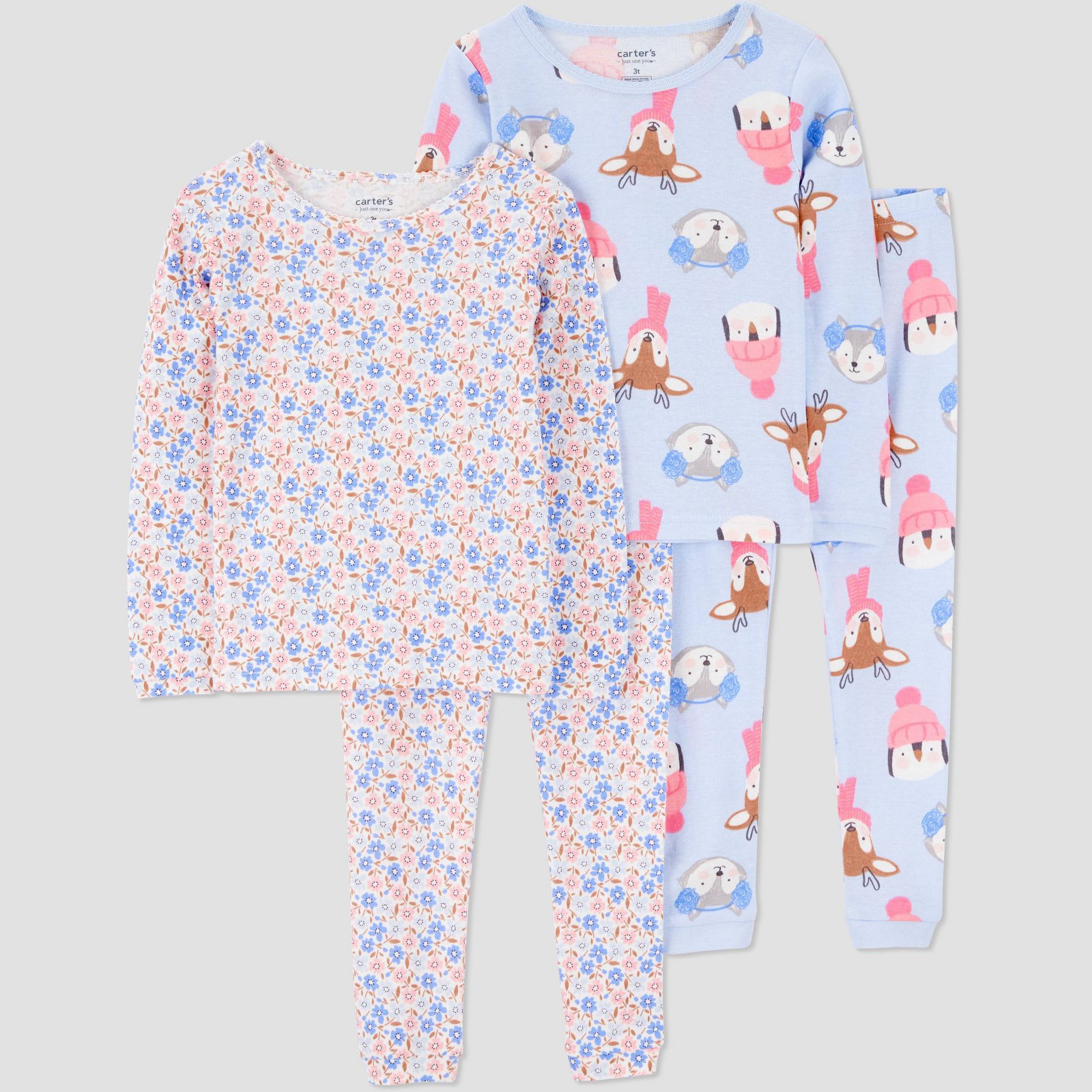 Carter's Just One You® Toddler Girls' 4pc Reindeer & Floral Long Sleeve Cotton Pajama Set - Blue 2T